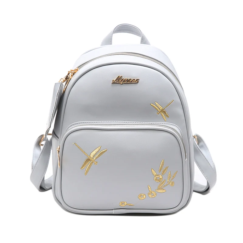 Fresh Pu Leather Embroidery College Backpacks 2017 Fashion Lady New Original School Bag Simple Dragonfly Pattern