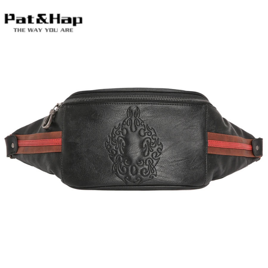 

Pat&hap Leather Fanny Pack Men Flame Totem Black Chest Bag Male Fannypack Stripe Waist Bag 2019 New Fashion Belt Bag Bum Bag