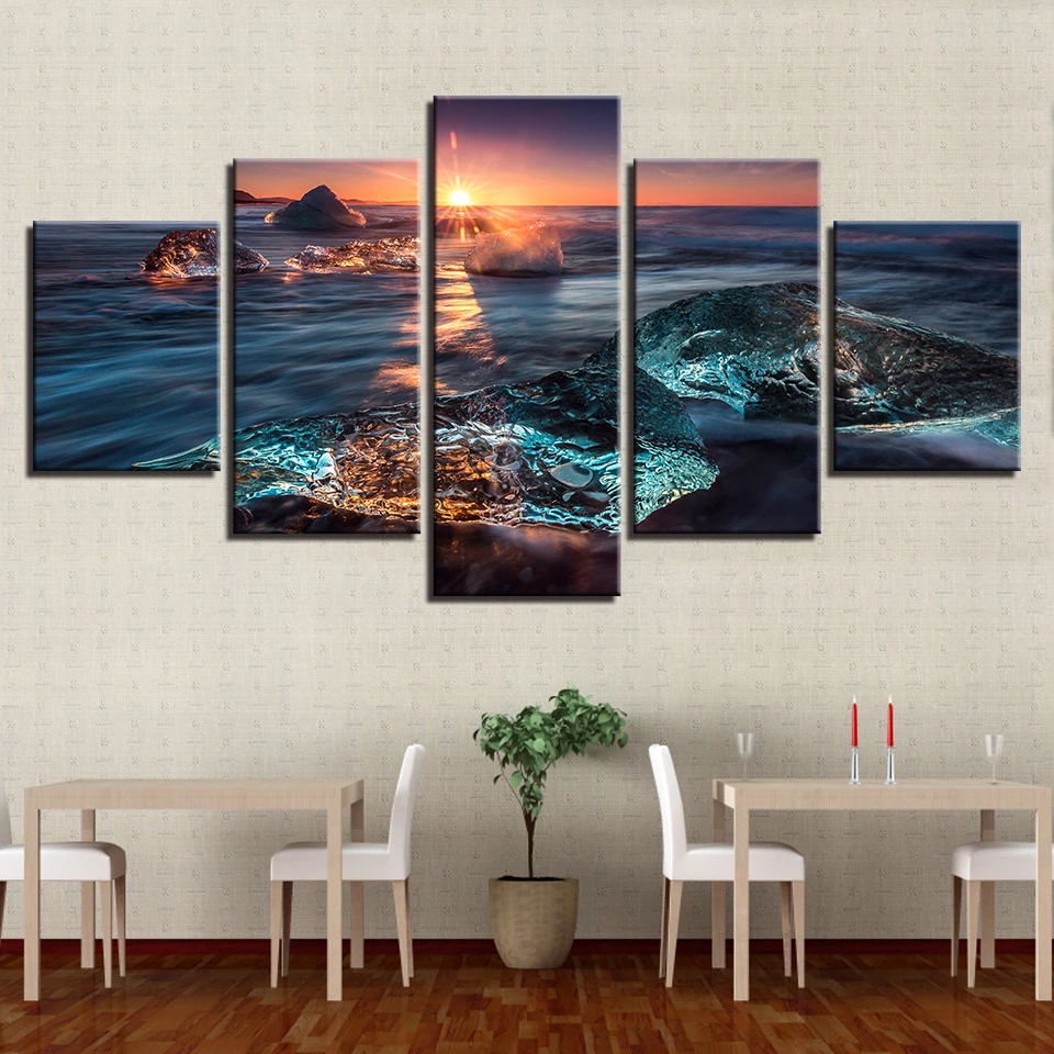 Canvas-Pictures-Home-Decor-HD-Prints-Posters-Living-Room-Framework-5-Pieces-Icing-Seascape-Sunrise-Ice (2)
