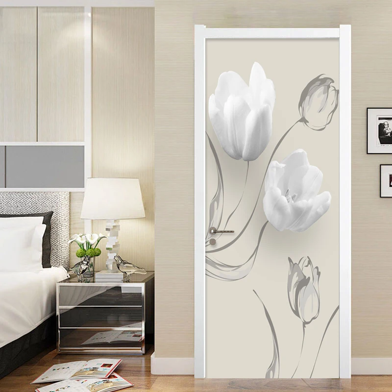 DIY самоклеющиеся водонепроницаемые наклейки на дверь белые цветы Настенные обои 3D современные наклейки на дверь для гостиной спальни домашний декор