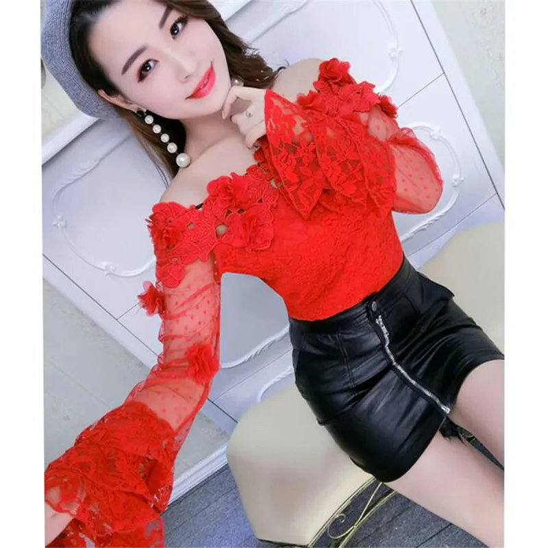 2018 Spring Summer Women Blouse Sweet Hollow Out Floral Lace Shirt Female Flare Sleeve Slash Neck Mesh Blouses Short Tops AB815 2