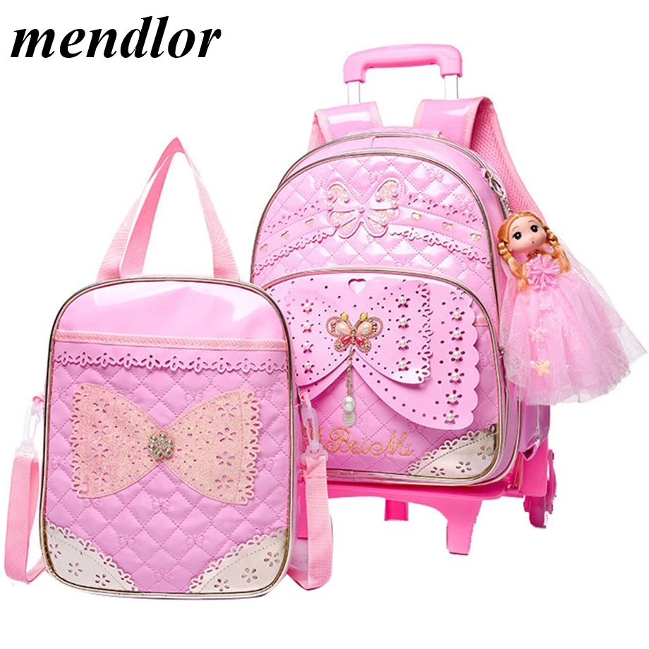 

Kids girls Trolley Schoolbag set Luggage Wheeled Book Bags Backpack Latest Removable Children School Bags With 2/6 Wheels Stairs
