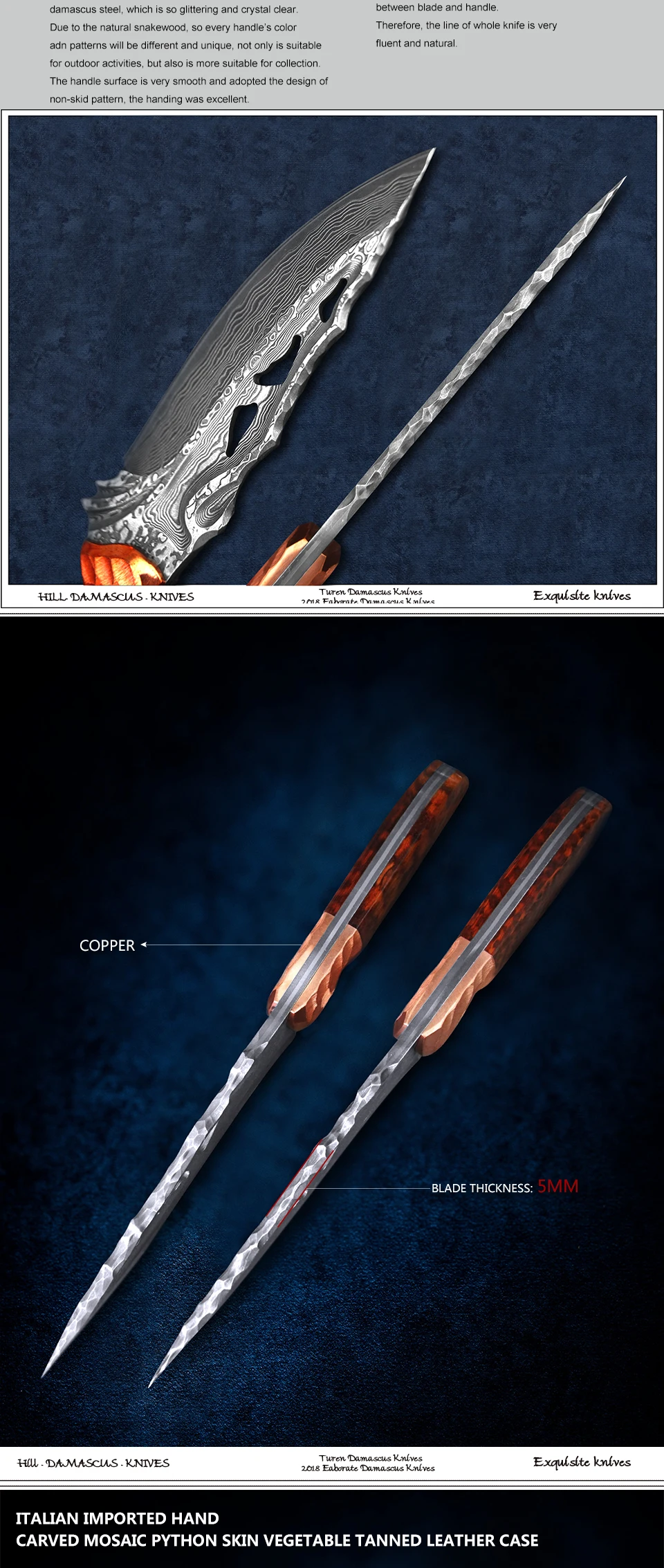 TUREN-Full Tang Дамасская сталь охотничий нож тактический нож с фиксированным лезвием Snakewood Ручка Открытый инструмент для кемпинга с оболочкой