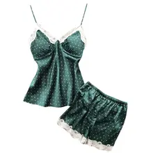 Женский летний сексуальный пижамный комплект из искусственного шелка, винтажный узор в горошек, глубокий v-образный вырез, майка, Свободный цветочный кружевной лоскутный Топ