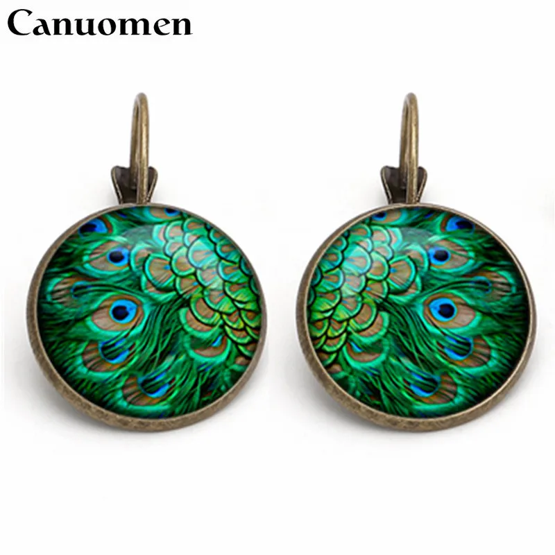 

Canuomen Fashion Bohemia Ethnic Women Earrings Peacock Feathers Glass Cabochon Earring Silver Bronze Earrings Party Jewelry