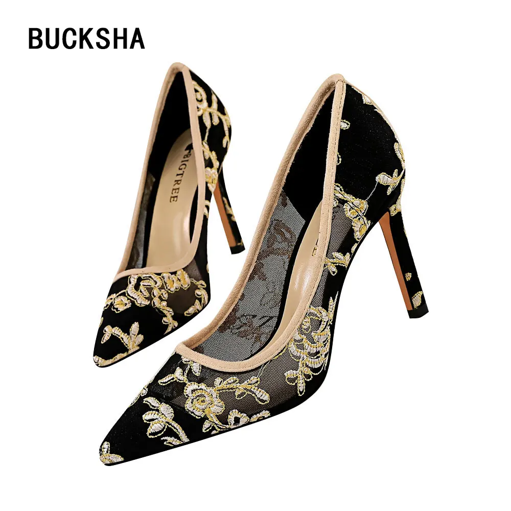 

BUCKSHA 9.5cm High heels Shoes for Women Embroider Mash Stiletto Pointed Toe Pumps ladies Black high heels Woman Causal Shoes