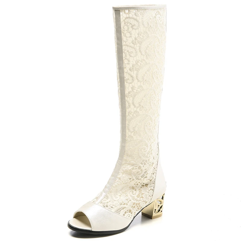 ORCHA LISA/женские летние сапоги женские сапоги до колена пикантная обувь на квадратном каблуке, с открытым носком, черного цвета, с кружевом, с вырезами, с цветочным узором, большой размер A697c - Цвет: Beige zipper