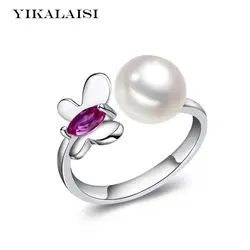 Yikalaisi 2017 100% Pearl Ring изделия кольцо бабочка пресноводного жемчуга свадебное Кольца стерлингового серебра 925 Кольца для Для женщин