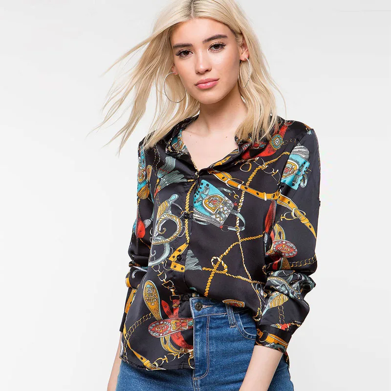 Vangull Женская модная рубашка Новая летняя шифоновая блузка с поясом и цепочкой элегантные рубашки с длинным рукавом и отложным воротником - Цвет: Black
