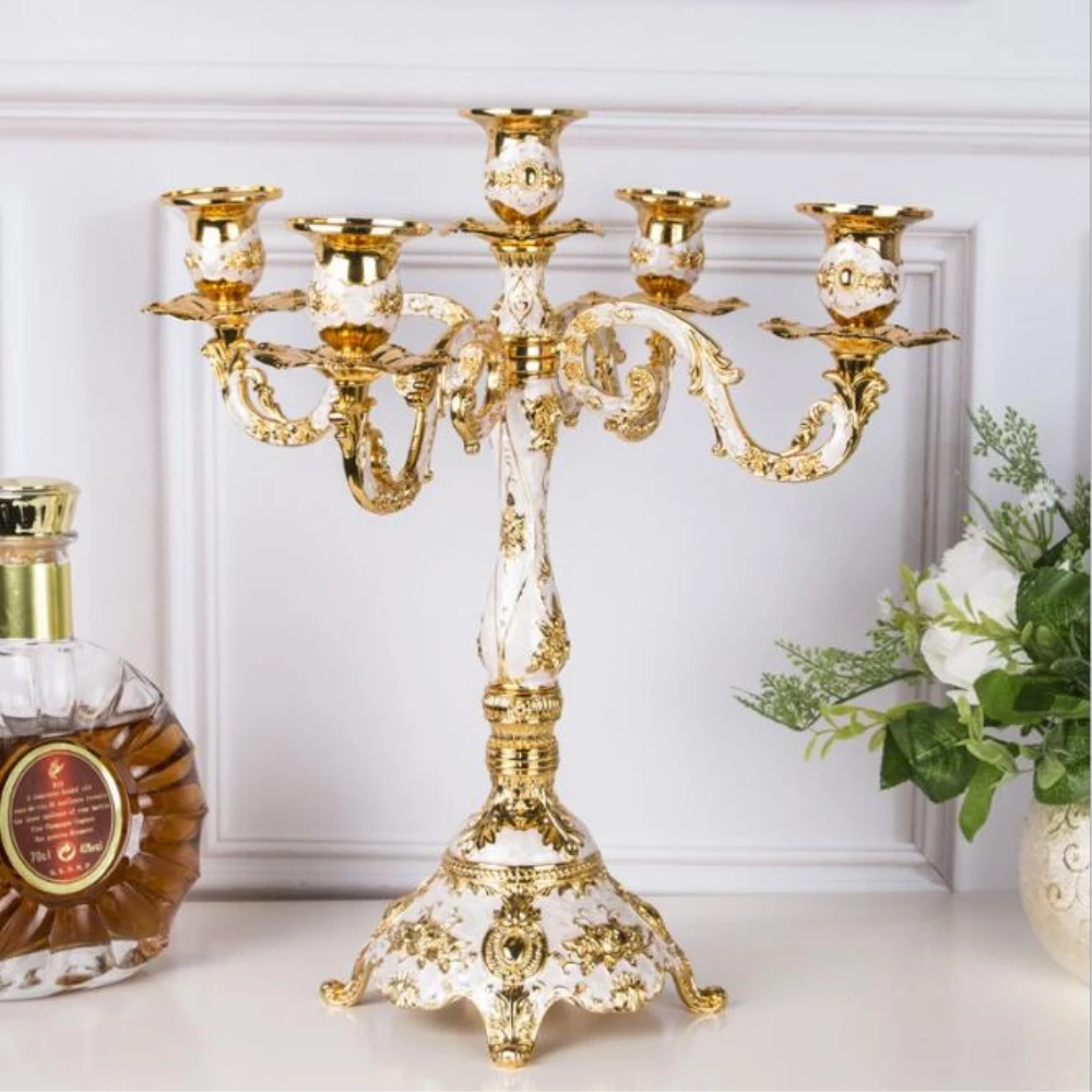 

Europe Candle Holder 5-arms Shiny Golden Wedding Party Decoration Plated Romantic Luxury Metal Candelabra table 50xx078
