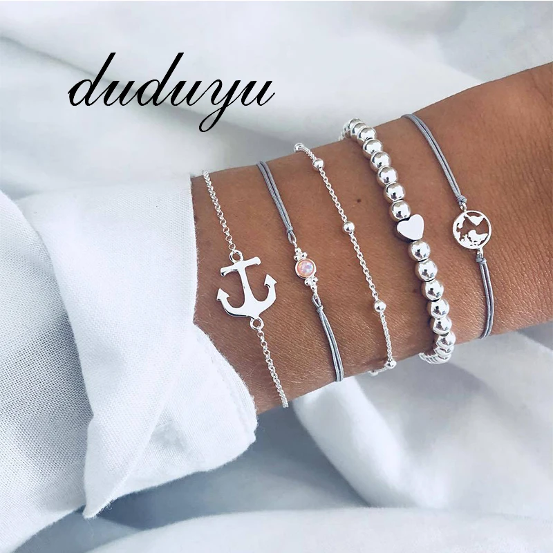 

5pcs/set 2019 New Fashion Silver Color Anchor Map Bracelets Women Charm Rope Chain Nature Stone Bracelet Ladies Wrap Metal Hooks