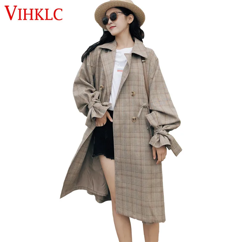 

Houndstooth Trench Coat Women Long Section Over Knee 2018 Spring Autumn New Korean Version Loose Drawstring Chic Plaid Coat X258