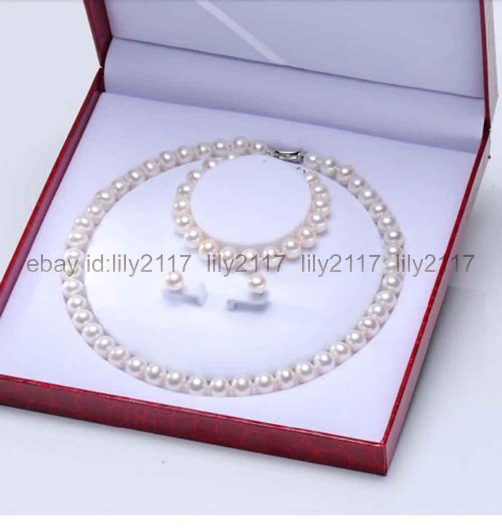 

AAA 9-10mm south sea round white pearl necklace &bracelet &earring set