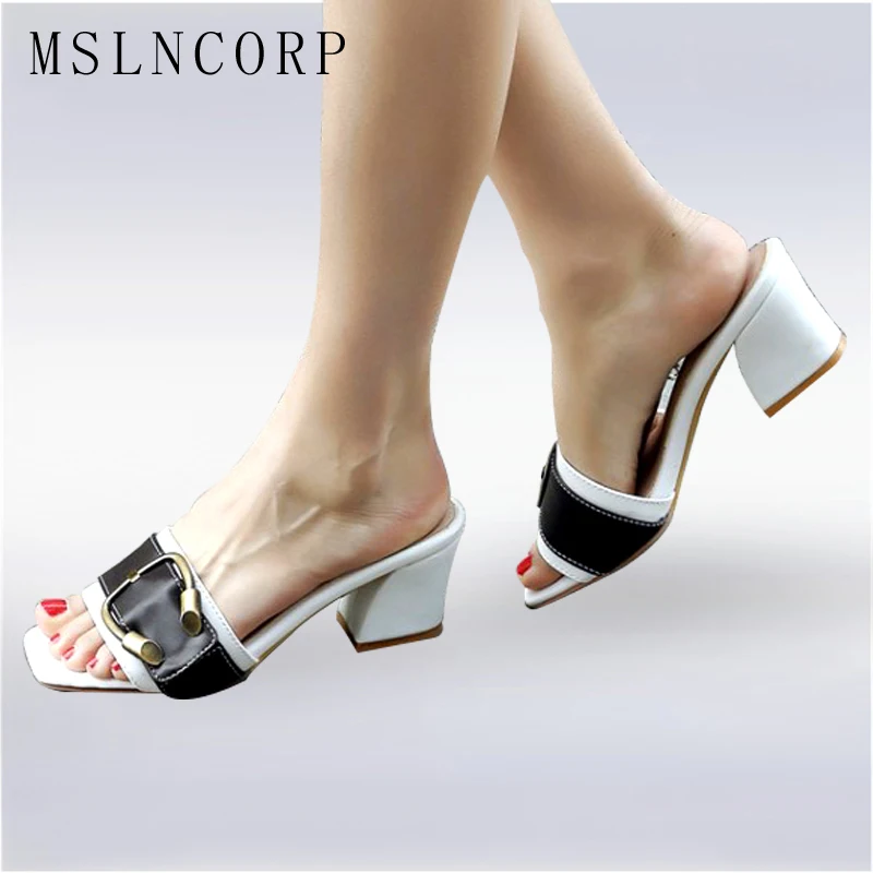 

Plus Size 34-43 New Arrival Summer Women Slipper Square Heel Ladies Slides Fashion Chunky Block Med Heels Buckle Sandals Shoes