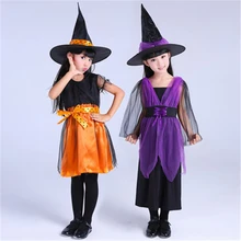 Костюмы на Хэллоуин черный костюм летающей ведьмы для девочек платье и шляпа одежда для вечеринок и косплея для девочек