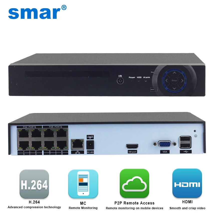 Smar CCTV 8CH POE NVR Onvif H.264 Video Recorder Network NVR Security System for 720P/960P/1080P IP Camera Xmeye P2P Cloud NVR
