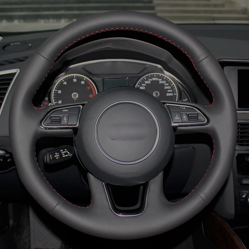 Black Natural Leather Car Steering Wheel Cover for Audi Q3 Q5 2013 2014