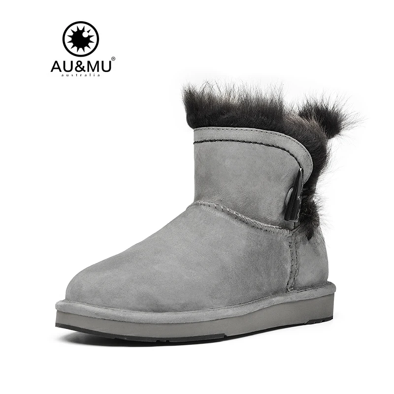 

2018 AUMU Australia Fur Flat Suede Strap Exposed Wool Trims Round Toe Rubber Soles Snow Winter Boots N049