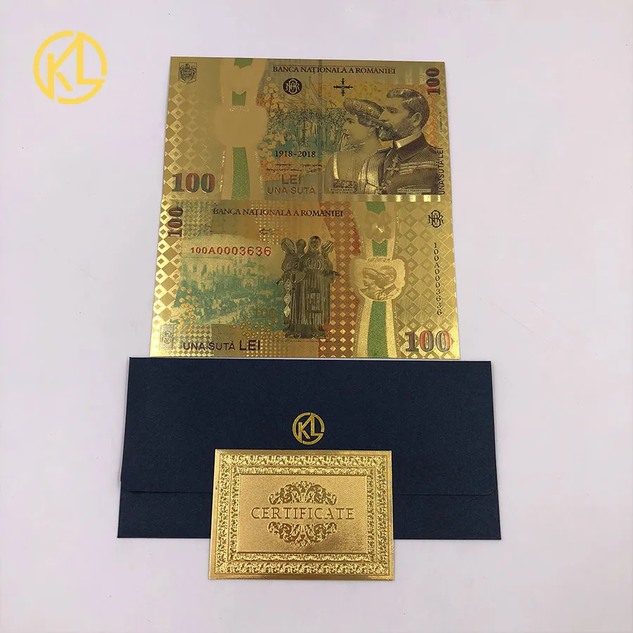 10 шт./лот, цветная Золотая банкнота, 100 Лэй, сувенирная валюта, для 100-летия объединения в Румынию