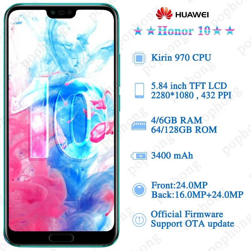 Оригинал HONOR 10 смартфон 6 ГБ 64 5 84 дюймов Kirin 970 четыре ядра 3 камеры 8 1 МП