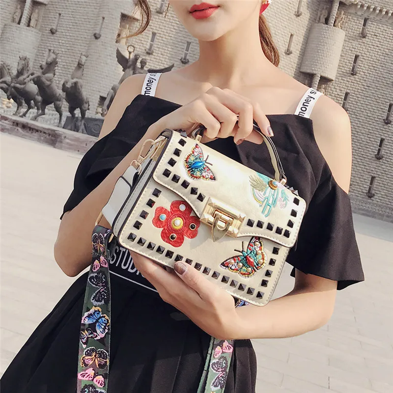 Винтажная модная сумка из искусственной кожи, женская дизайнерская сумка с вышитыми цветами и заклепками, женская сумка через плечо