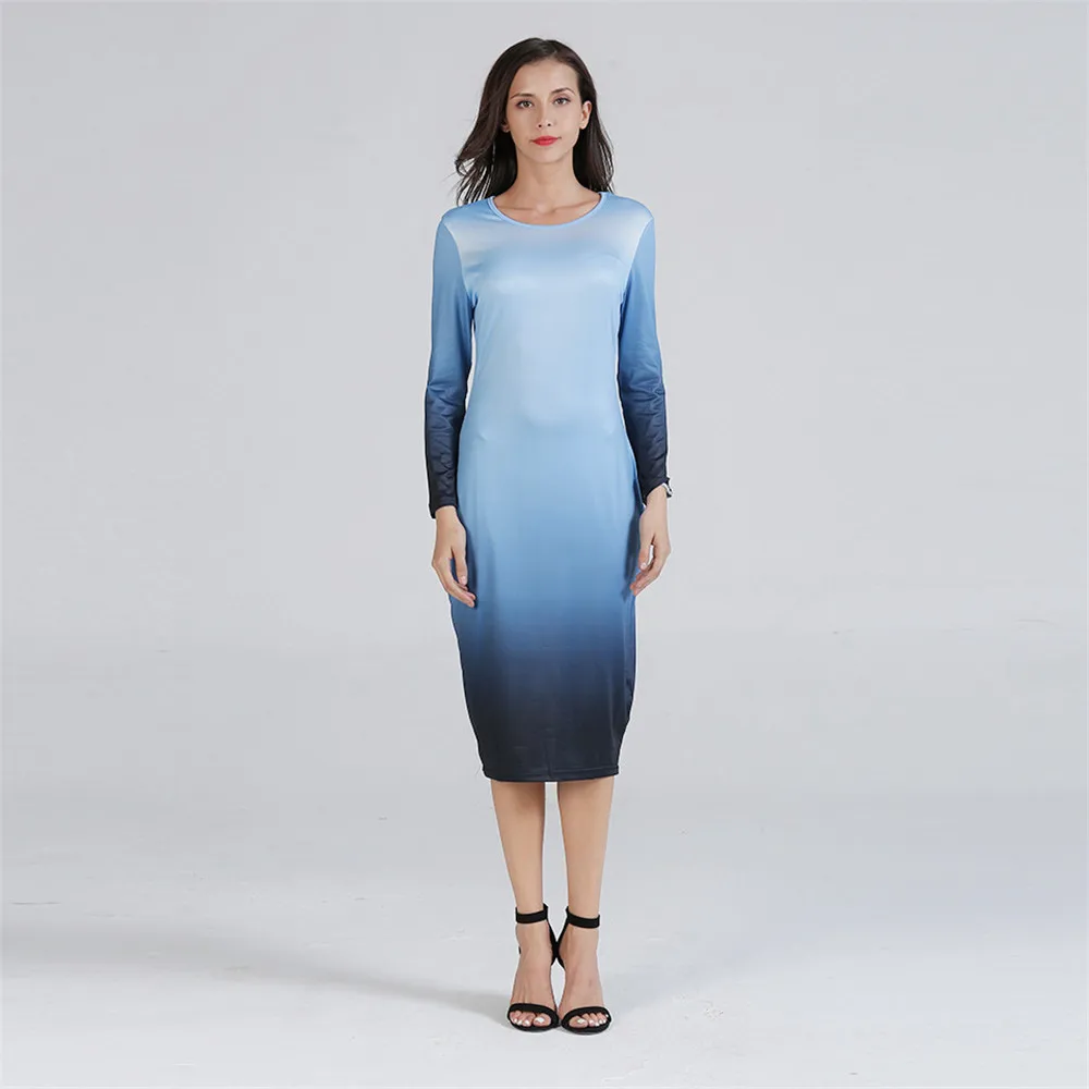 Women Basic Dress 2018 Gradient Ramp O Neck Long Sleeve Slim Dresses Bodycon Midi Office Working Dress Elegant All Match (11)
