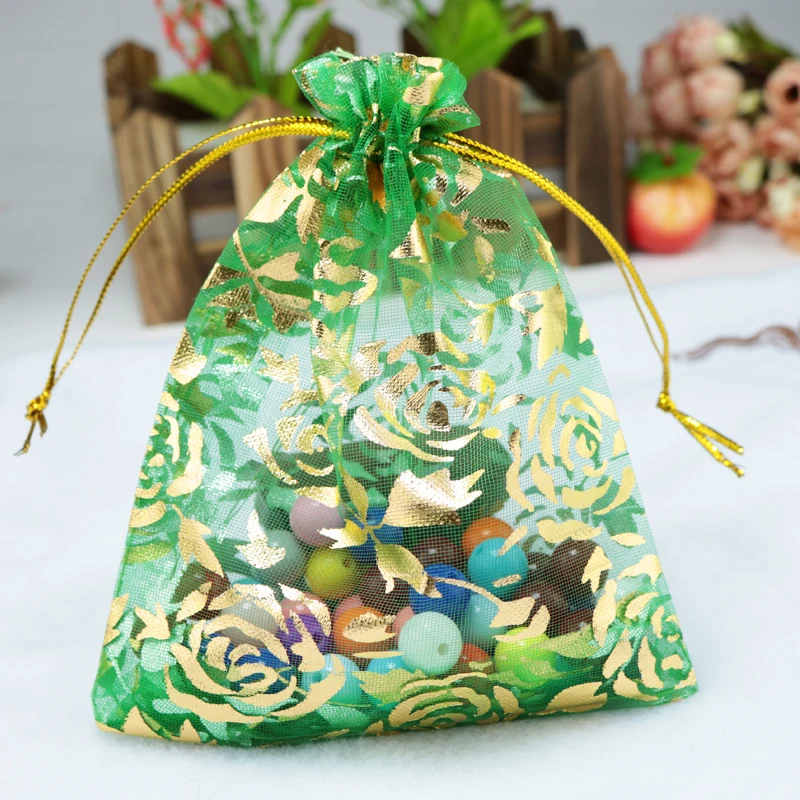 Free Shipping 100pcs 9x12cm Dark Green Organza Bags Rose Design Gift Bag Small Wedding Jewelry
