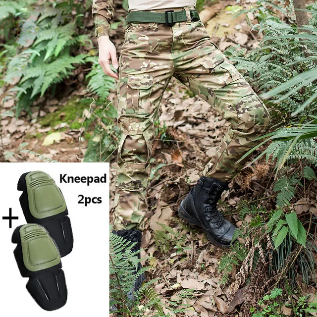 Армейские штаны охотничьи мужские камуфляжные военные брюки карго спецназа тактические брюки для улицы альпинистские штаны наколенники - Цвет: With Knee Pads