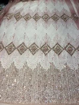 

Pink and white color glued glitter sequins lace fabric with beads High quality African sequins lace fabric for party dress
