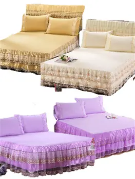 

1/3pcs purple / beige lace bed skirt pillowcase romantic princess bed linen bed cover large