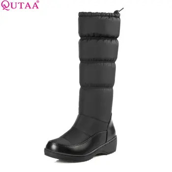 

QUTTA 2020 Fashion White Elegant 2016 PU+Down Women Shoes Wedge Low Heel Mid Calf Snow Boots Women Motorcycle Boots Size 34-43