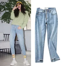 Джинсы ассиметричный, с высокой талией тонкие маленькие прямые волосы девять точек дизайн чувство брюки