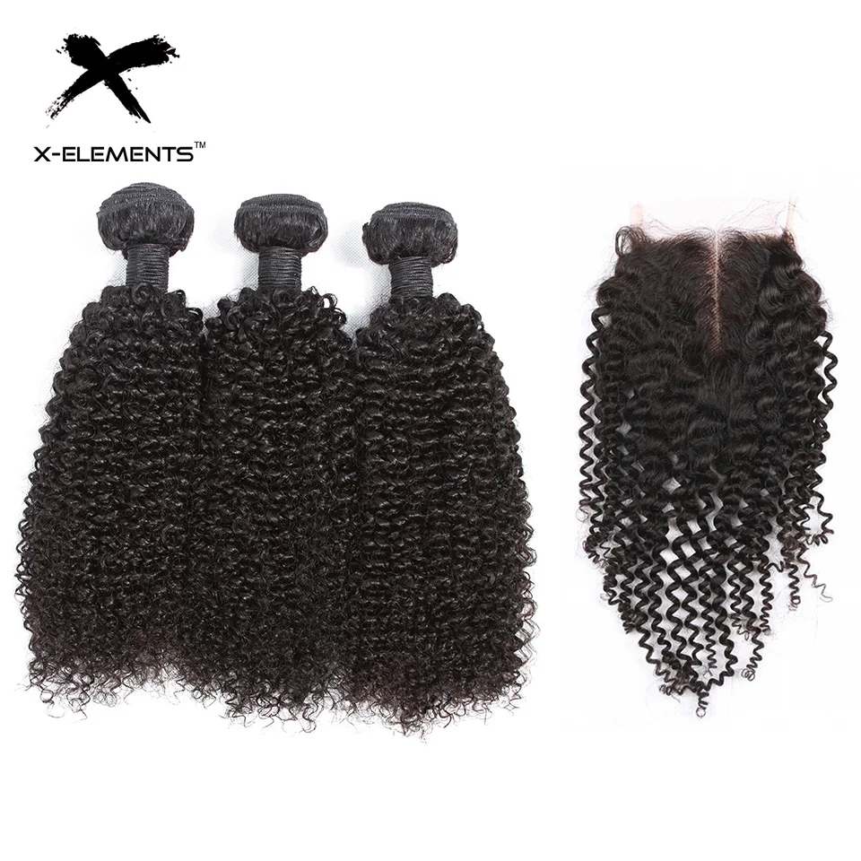 X-Elements индийские волосы плетение пучков с закрытием кудрявые вьющиеся волосы пучки с закрытием не Реми натуральные волосы пучки с закрытием