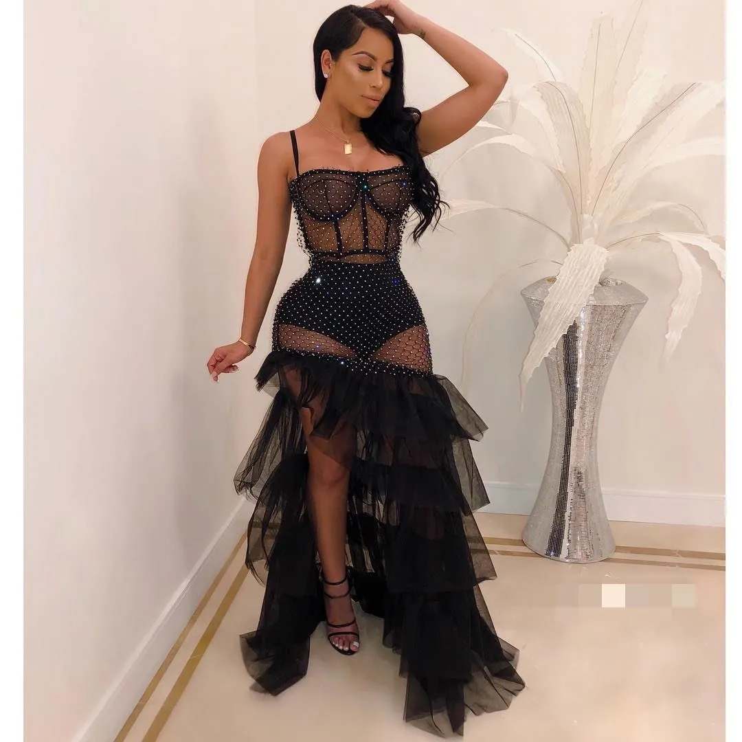 

Black Sleeveless Layered Mesh Ruffle Hem Party Dress Spaghetti Strap Women 2019 Summer Elegant Maxi Dresses