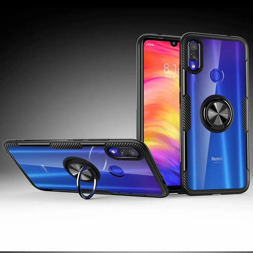 

Transparent Carbon fiber Non-slip 360 degrees metal Ring Stand Grip Shock Absorbing case for Xiaomi redmi Note 7