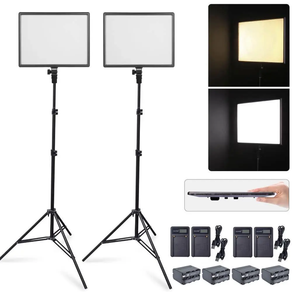 

2X CN-Luxpad43 Slim LED Video Light Panel + 2X 2M Stand + 4X Battery & Charger