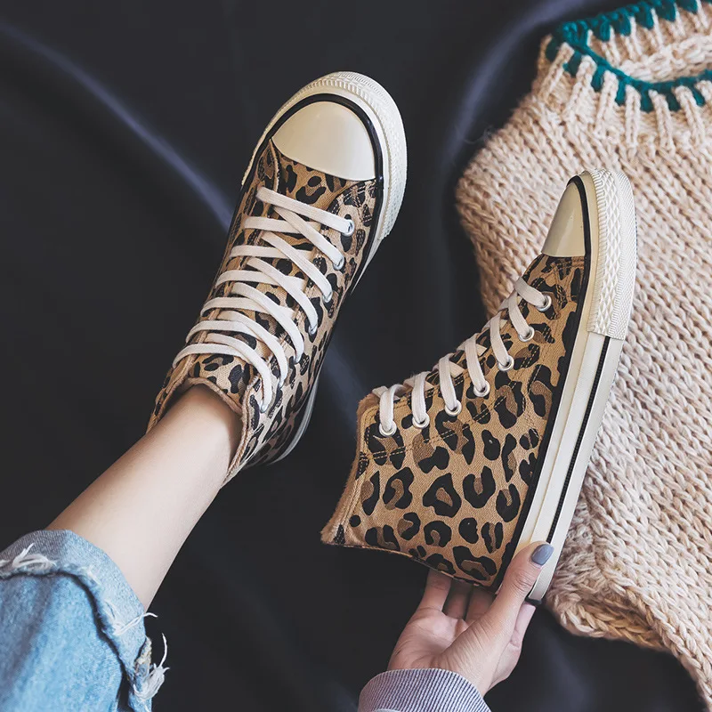 

Spring women skateboarding shoes sneakers canvas shoes Rubber leisure fashion High-top leopard sneakers women JINBEILE