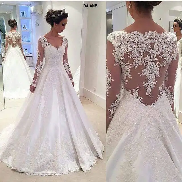 17871 Nouveau 2017 Longueur De Plancher En Dentelle Chérie Cou Robe De Mariée Longue Sexy Manches Longues A Ligne De Mariage Dresses100 De Haute