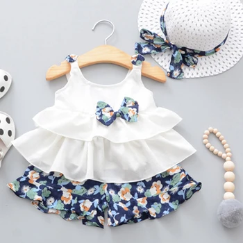 

Baby Girl Clothes Set 2019 Summer New Sleeveless Floral Shorts Suit + Sun Hat Bebe Kid Clothes