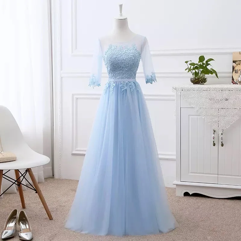 Vestido de festa, длинное вечернее платье трапециевидной формы с коротким рукавом, вечерние платья для невесты, сексуальные платья для выпускного вечера, цвета красного вина, синего, много цветов EN06M - Цвет: Light Blue