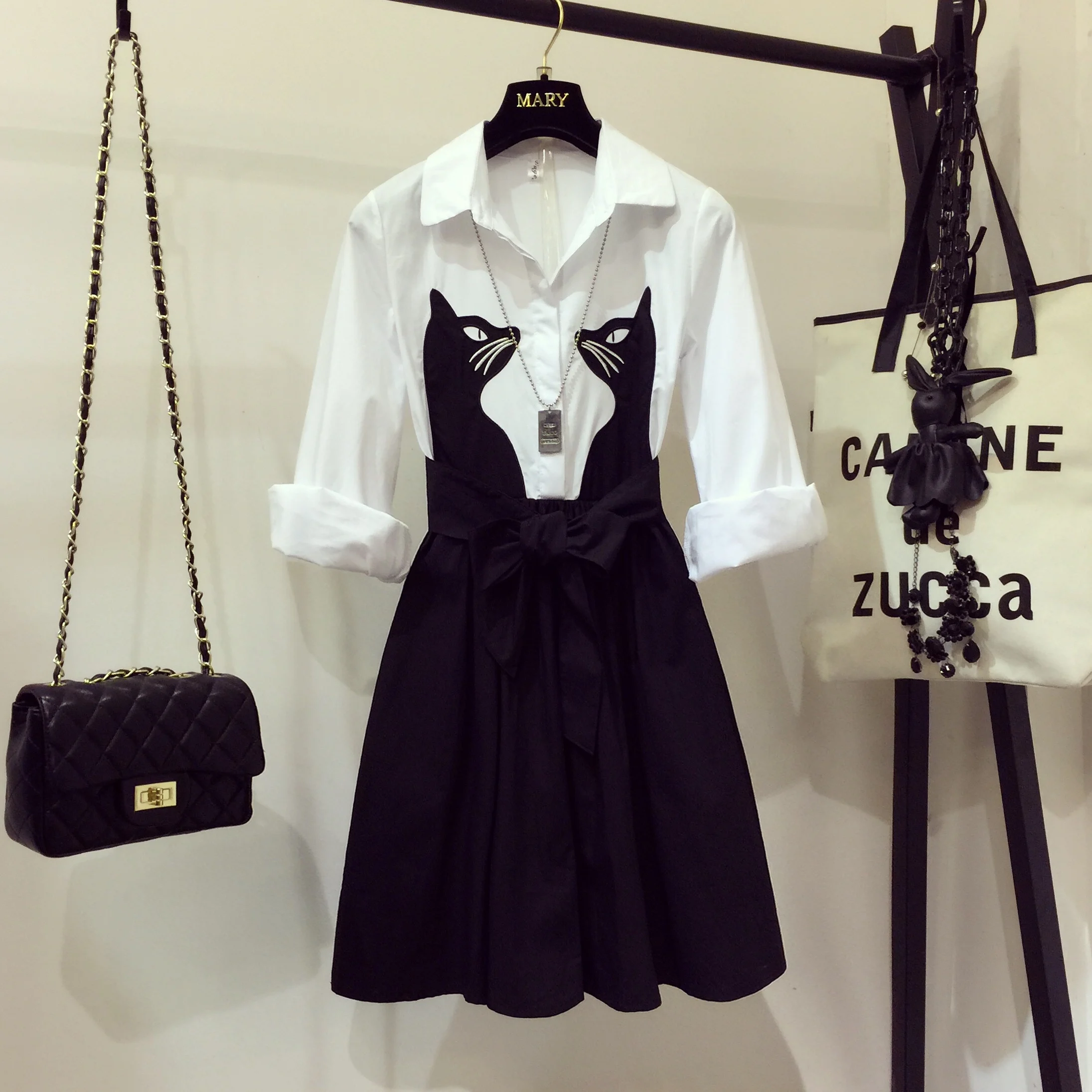 

2019 New Fashion Spring Summer Ladies Long Sleeved Shirt Dress Women Students Cute Cat Embroidery Slim Bow A-line Dresses