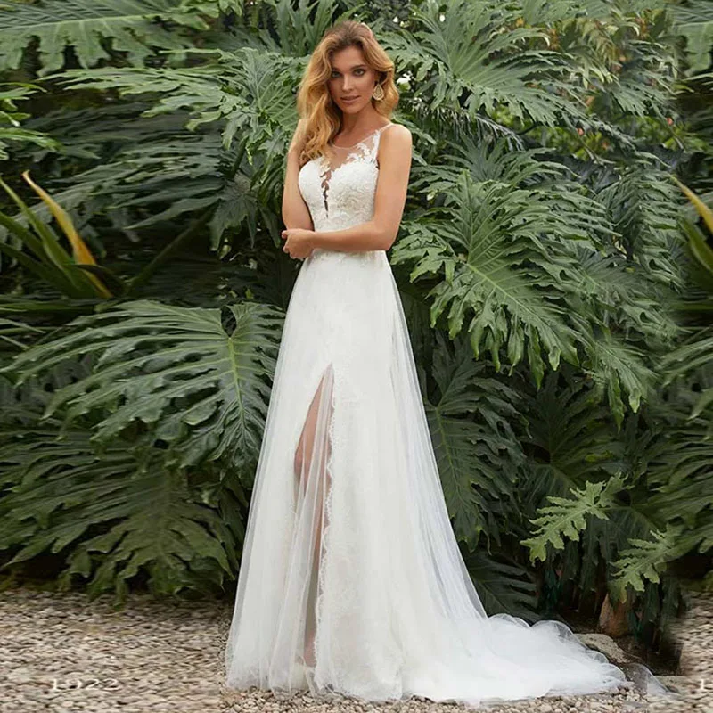 

Hot Sale Vintage Wedding Dress Boho O-Neck Appliques Lace Wedding Gowns Side Split Train Bride Dress vestido de noivas 2019
