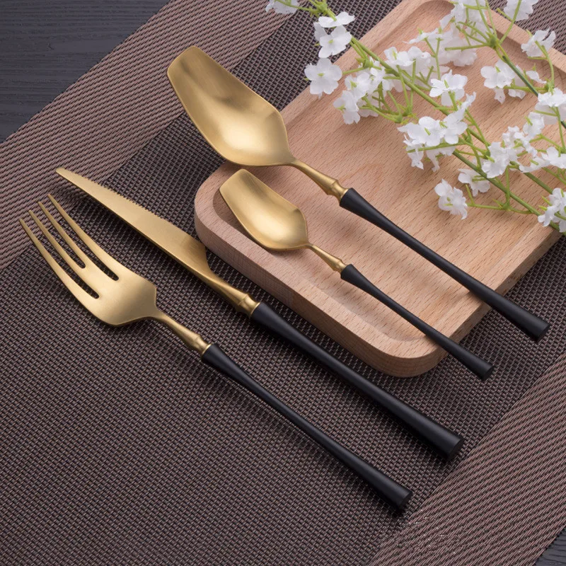 

24pcs/set New Knight Gold Black Stainless Steel Cutlery Set Flatware Set Dinner Knives Fork Spoon Set Dinnerware Tableware