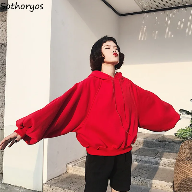 

Hoodies Women Solid Trendy Red High Quality Korean All-match Loose Female Leisure Hip Hop Womens Puff Sleeve Sweatshirts Hooded