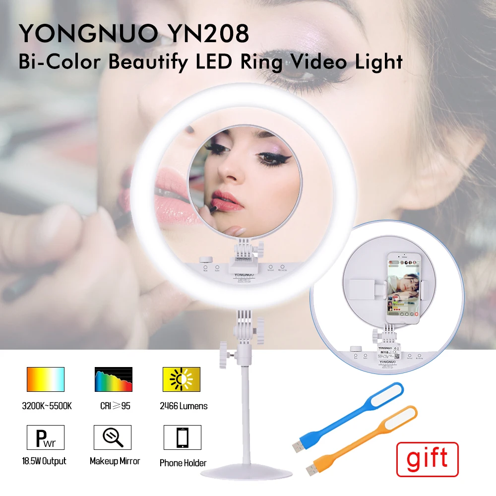 

YONGNUO YN208 Selfie Ring Light Bi-Color LED Video Light Photo Studio Fill Photography Lighting for iphone with Make-up Mirror