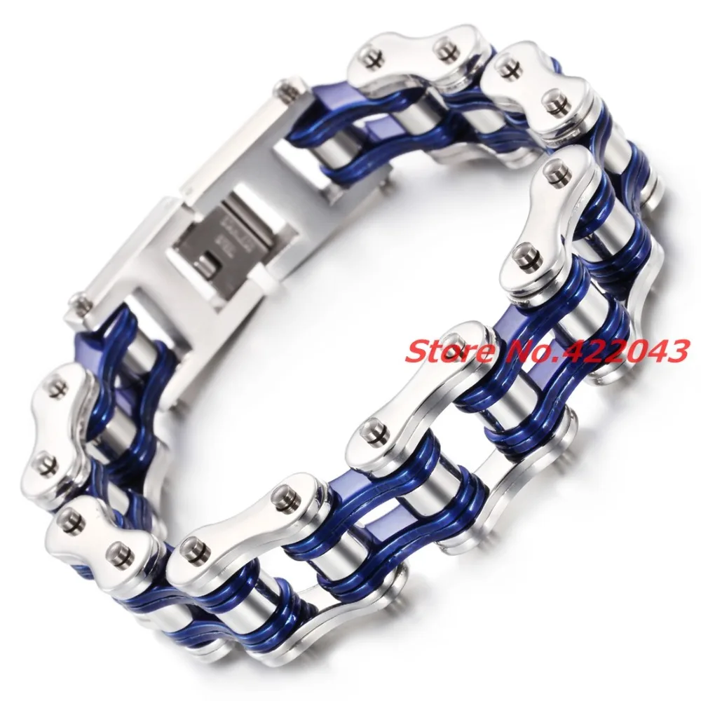 

22cm*16mm Fashion Stainless Steel Bike Bracelet Men With Silver Blue Bicycle Motorcycle Chain Link Bracelets Punk Rock Jewelry