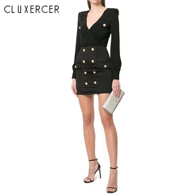 

2019 Spring Casual Work Elegant Blazer Dress Women Long Sleeve Midi Bodycon Dress Office Lady Sexy V-neck Button Blazer Dress
