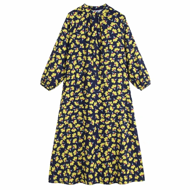 Günstig 2019 frauen mode blume druck shirtdress gurt taillen einreiher chic midi Kleid falten beiläufige lose Kleid Vestidos kleidung DS2629