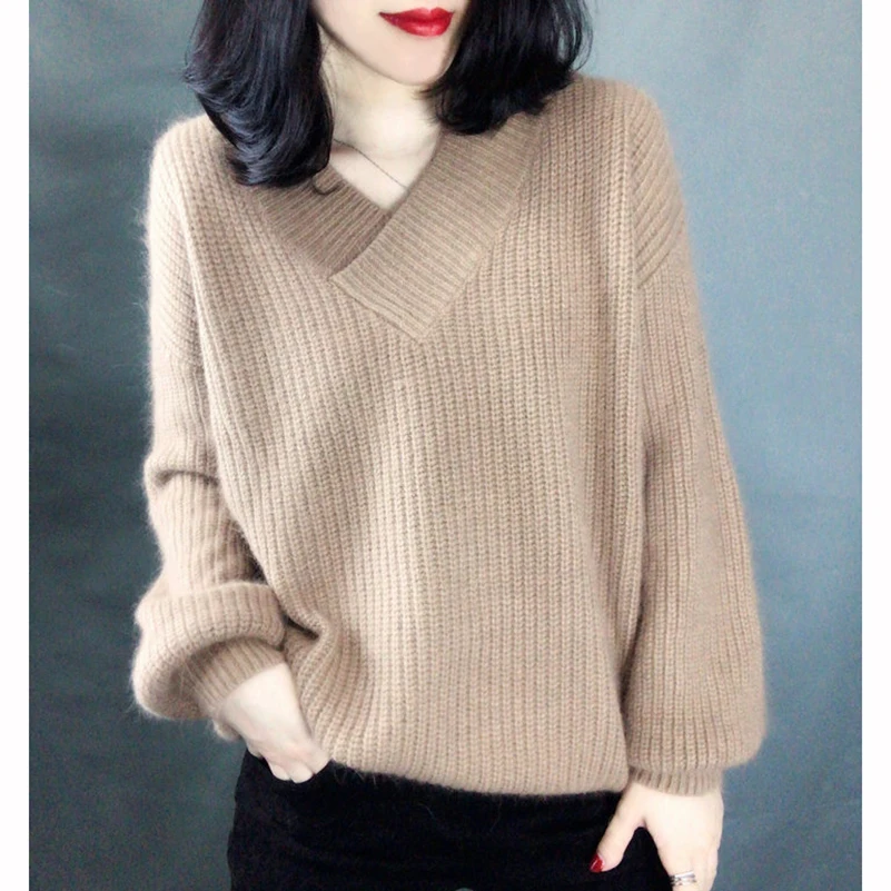 Spring Autumn new 2019 pullover fashion plus size sweaters Korean version loose V-neck knit bottoming shirt female casual tops