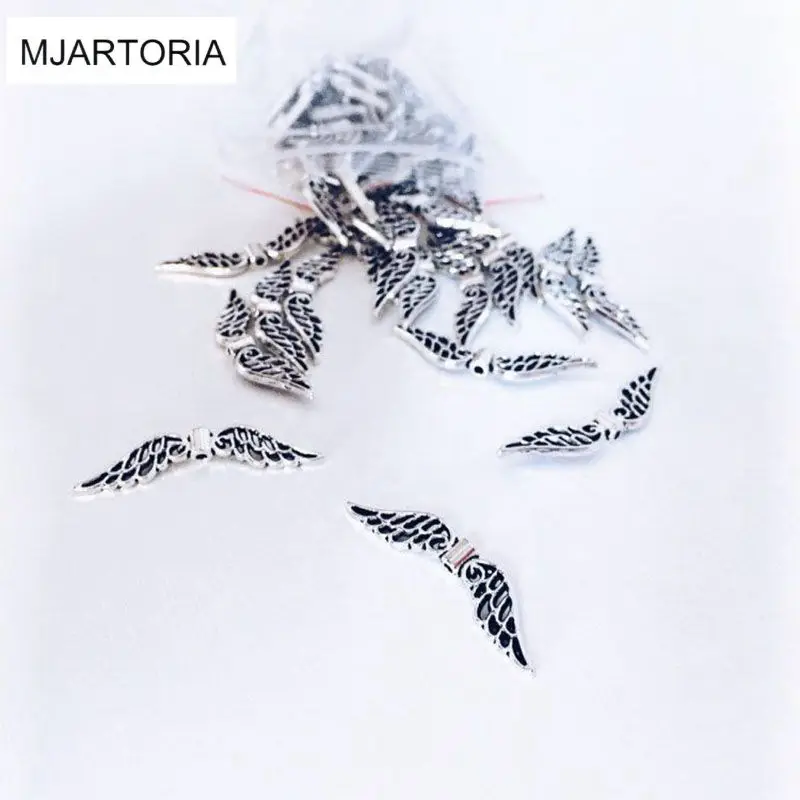 MJartoria 100 шт. бусины винтажные серебристые крылья ангела полые металлические